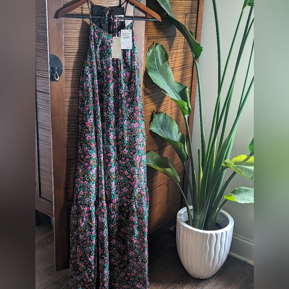 MELLODAY Black Floral Maxi Dress with Pink & Green Accents